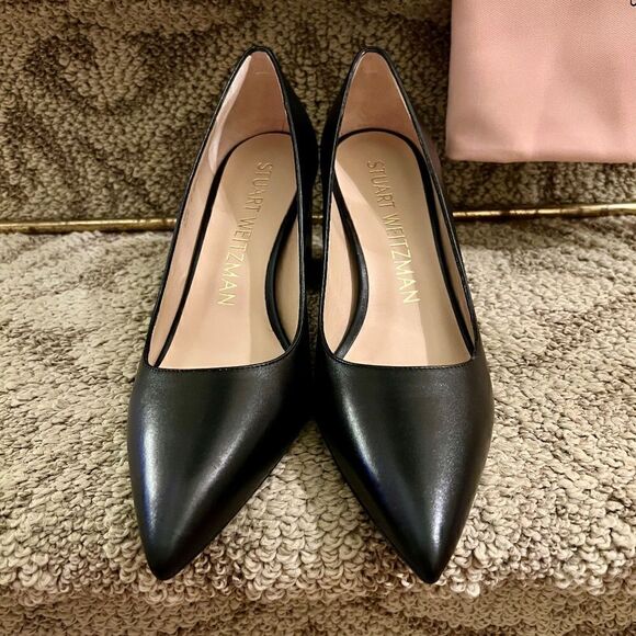 NWB Stuart Weitzman Linsi 75 Block Heel Classic Black Leather Pumps Black… - Picture 4 of 8